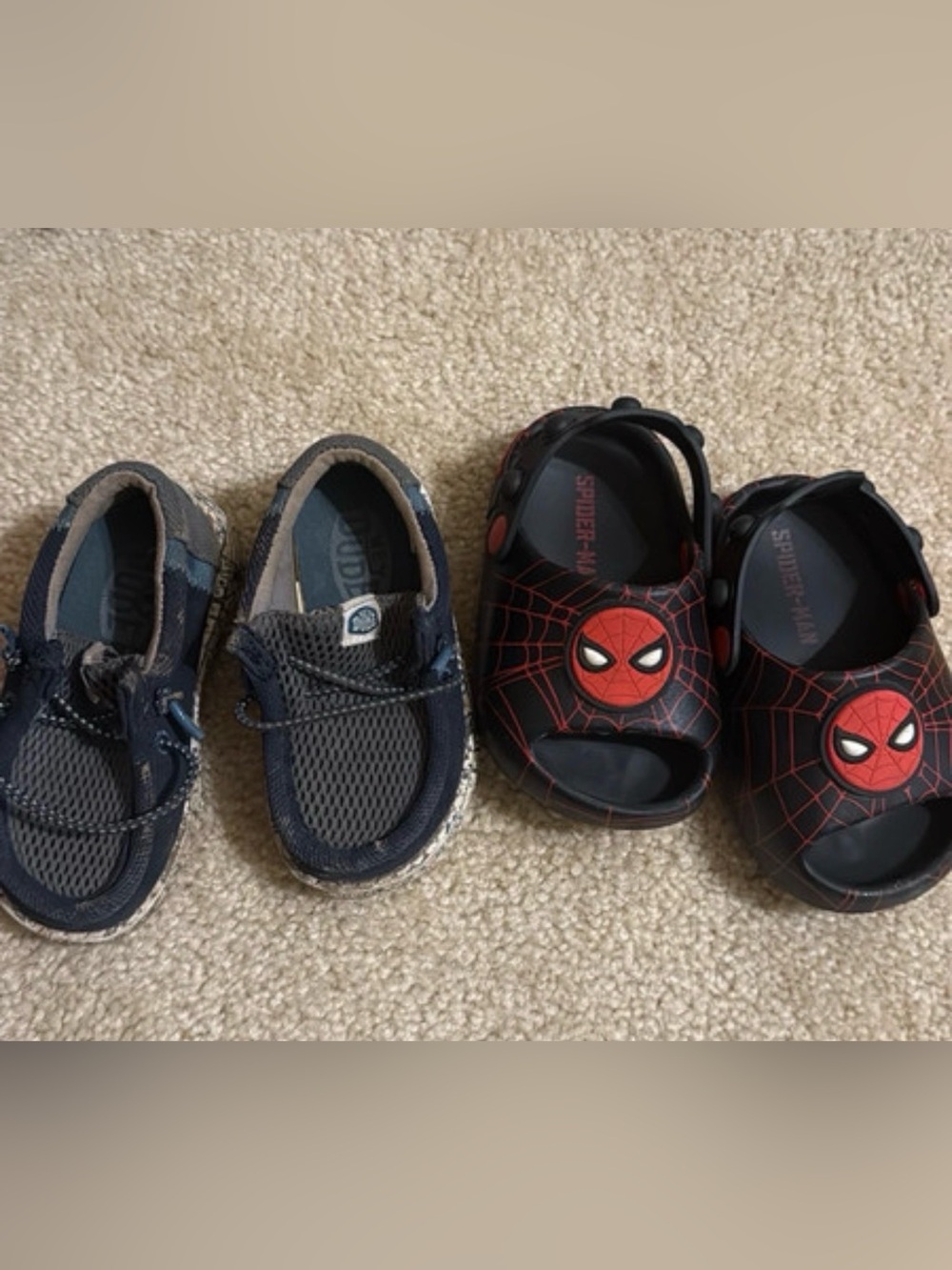Spiderman Black and Red Kids Sandals with Web Graphic and hey dudes